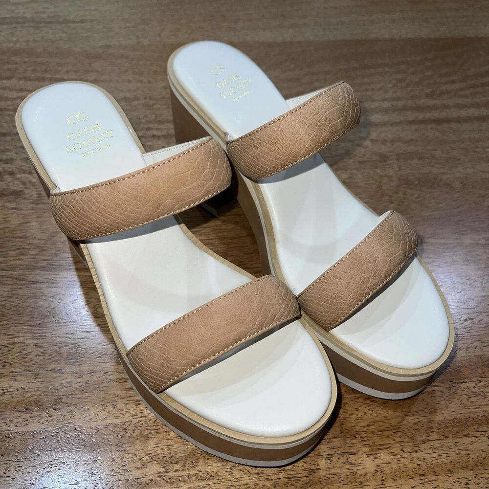 Oasis Society California Sienna Tan Double Strap Platform Slide Sandals Size 10
